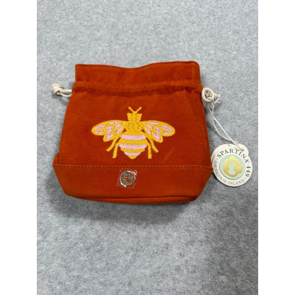 Spartina 449 Keepsake Drawstring Bee Pouch Orange Embroidered Jewelry Bag NEW